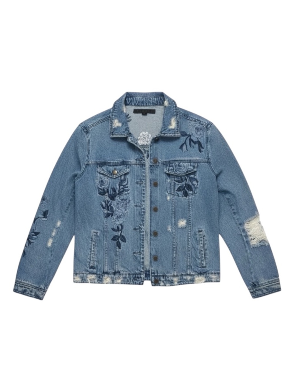 Tinsel Distressed Jean Jacket Women’s Medium Blue Denim Floral Embroidery